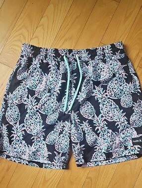 Hurley Black Swim Shorts with Pastel Pink and Mint Pineapple Print
